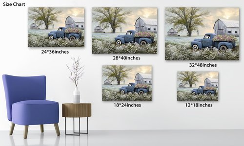 Farmhouse Old Truck Canvas Wall Art, Old Barn Pictures Wall Art, Country Antique Pickup Truck Canvas Prints, Blue Truck With White Floral Flower Art Prints for Farmhouse Spring Decor 18"Hx24"W Inches