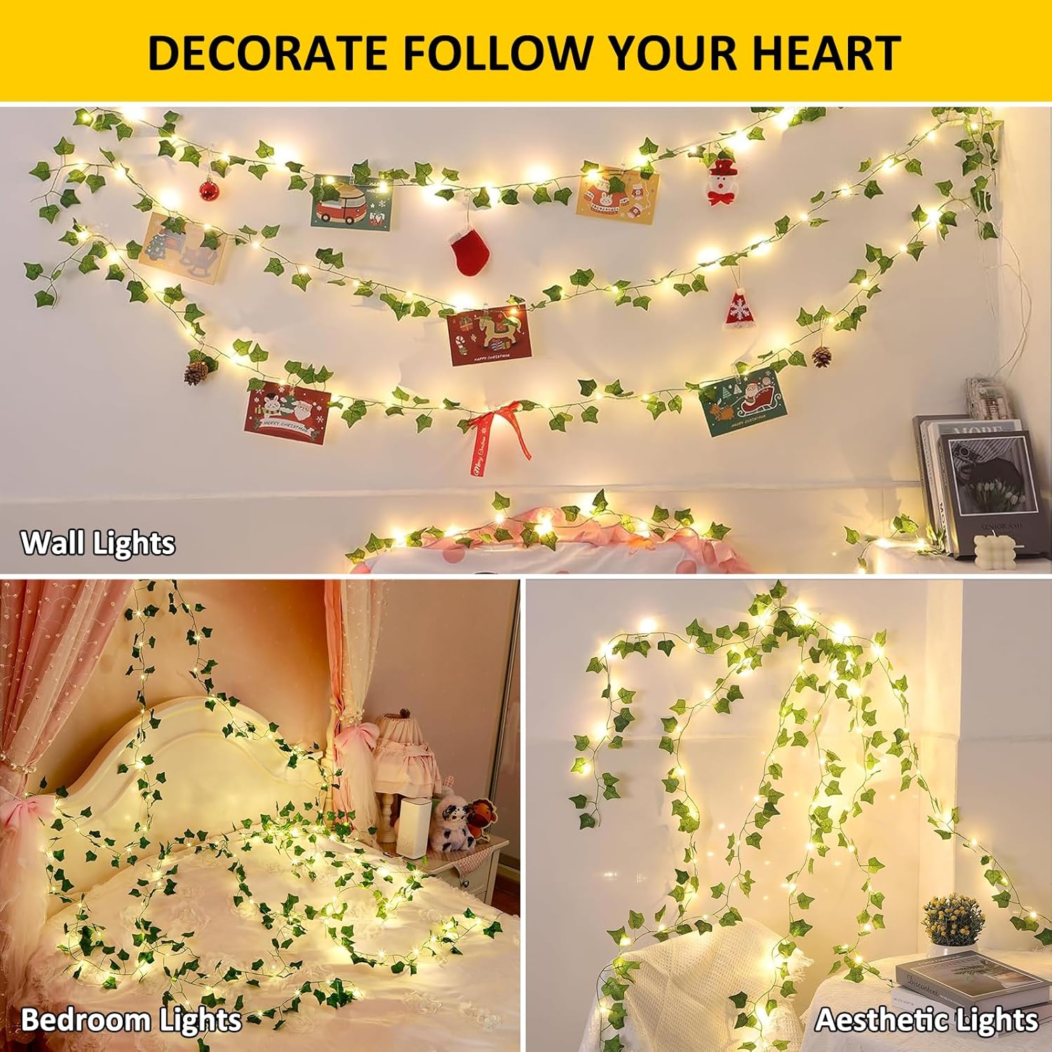 Skiennix Ivy String Lights - 33Ft 100 LED Battery Operated Fairy Lights with Remote | Warm White for Bedroom & Garden Decor