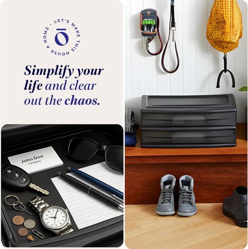 HOMZ 2-Pack Storage Cart - 2-Drawer Plastic Organizers with Smoke Tint, 15" Wide, Black Frame | Ideal for Home & Office