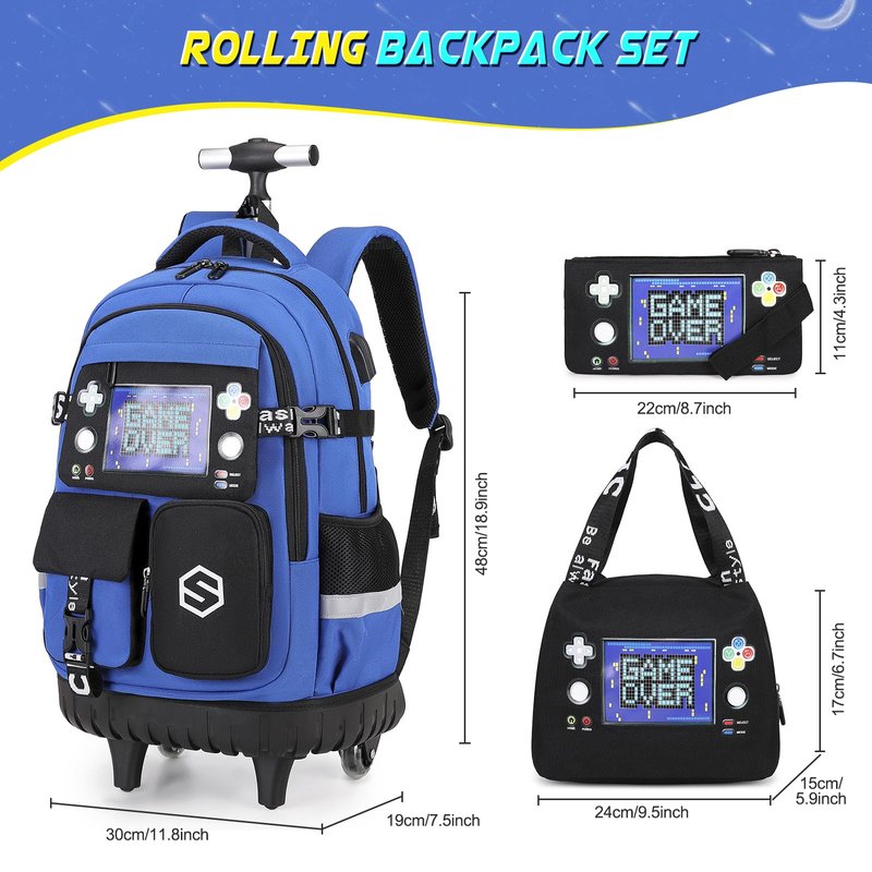 Scothen Rolling Backpack for Boys, Cool Luminous Gamer Roller School Backpacks for Boys with Lunch Bag and Pencil Pouch, Kids Backpack Bookbag with Wheels for Kindergarten Elementary Middle School
