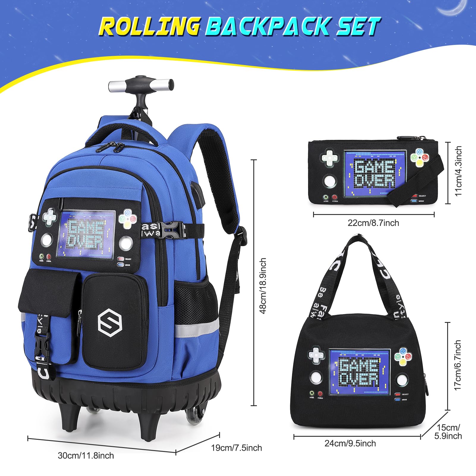 Scothen Rolling Backpack for Boys, Cool Luminous Gamer Roller School Backpacks for Boys with Lunch Bag and Pencil Pouch, Kids Backpack Bookbag with Wheels for Kindergarten Elementary Middle School