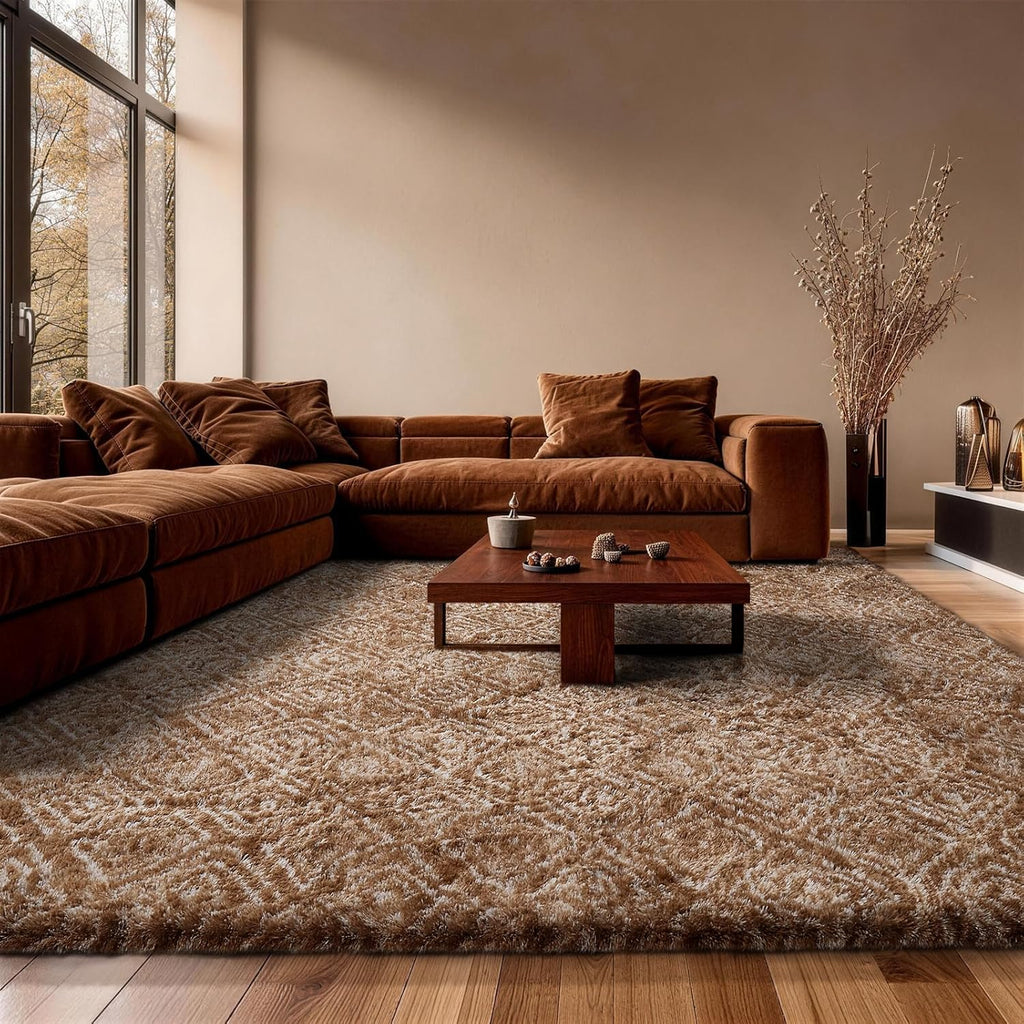 Ophanie Brown & White Diamond Striped Rug - Fluffy Shag 9x12 for Living Room & Bedroom Decor