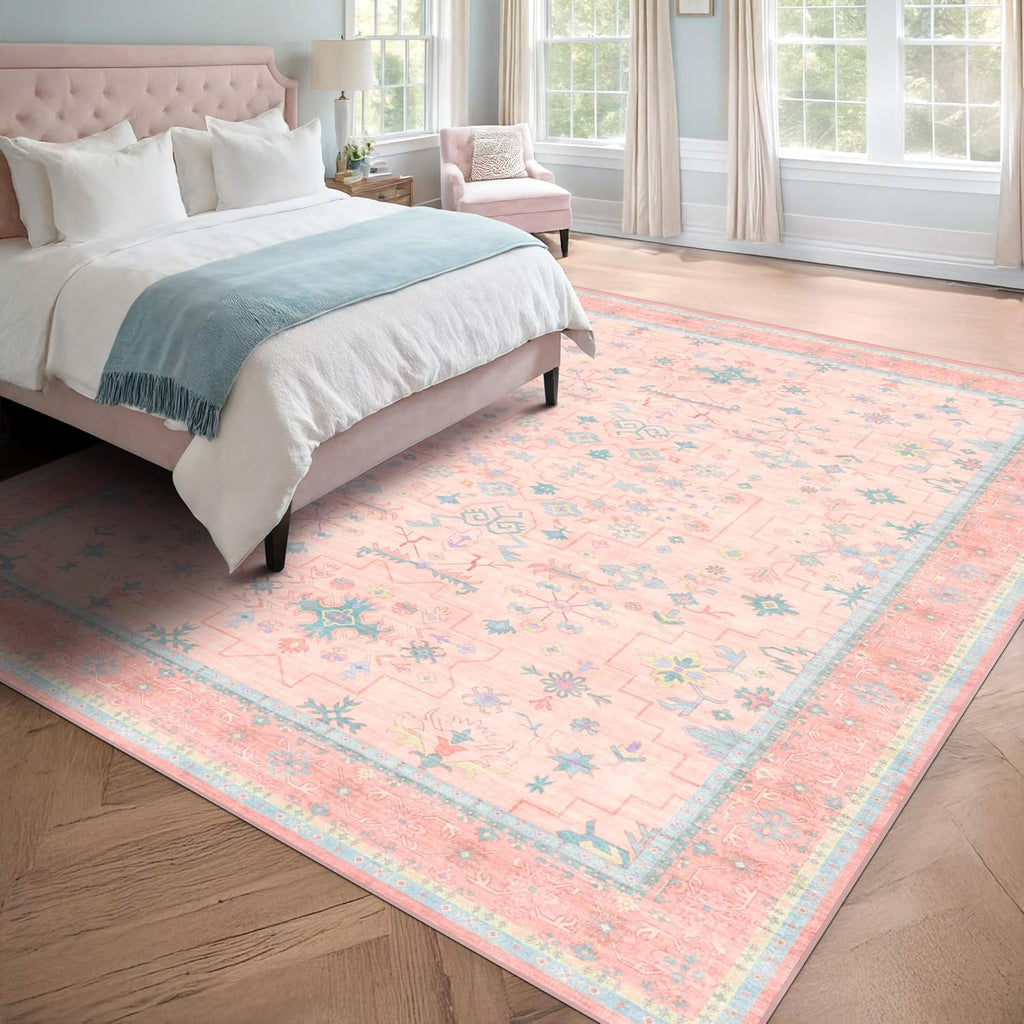 Skiennix Boho Area Rug - Washable Pink & Blue Floral Design | 6x8 Soft Non-Slip Carpet for Kids' Rooms