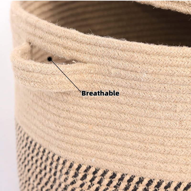 Extra Large Storage Basket with Lid 60L, 16"Wx18"H Woven Laundry Hamper Basket with Handle, Jute Rope Wicker Basket Blankets Pillows Storage in Living Room Baby Nursery, Jute/Black Mix includes Lid