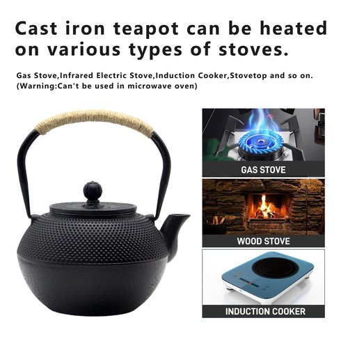 YJX 40.6 fl oz Cast Iron Teapot Set, Japanese Tetsubin Tea Set with Cast Iron Teacups, Small Tea Kettle Set with Strainer for Loose Tea, Enameled Interior (1200ml Tea Set with Cups and Saucers)