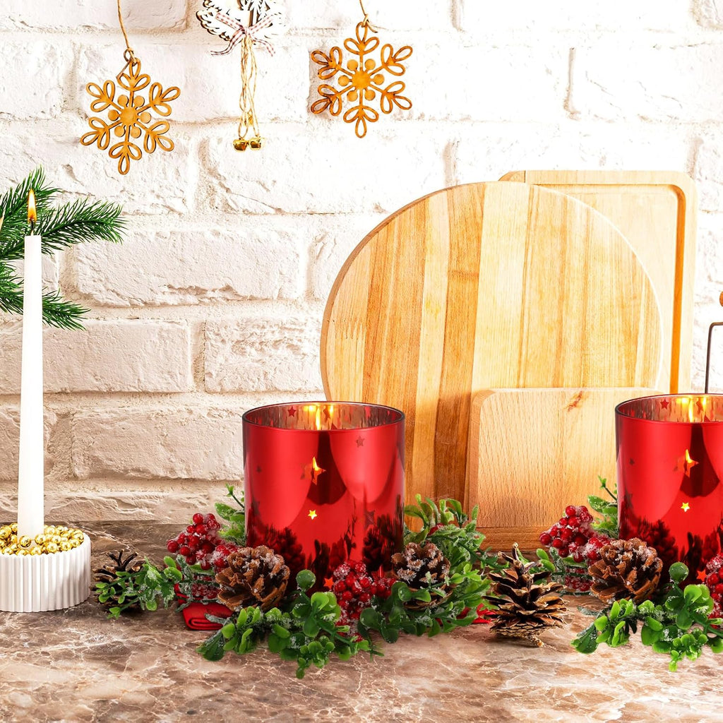 Sliner Christmas Glass Candle Holders - 4 Pcs 4.7 Inch Votive Holders with Berry Ring & Pinecone Decor