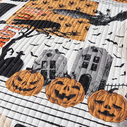 Cmfshape Halloween Quilt Set Bedspread Set,3 Piece Halloween Black Cat Pumpkin Spider Skull Themed Bedding Set King Size,Reversible Coverlet Set with 2 Pillow Shams (King 104"x90")