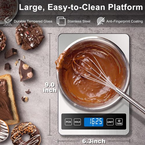 Fuzion Digital Kitchen Scale - 22lb Capacity, Rechargeable, Tare & PCS Functions | Tempered Glass & Stainless Steel