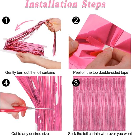 4 Pack Pink Birthday Backdrop - Metallic Happy Birthday Fringe Curtains | 3.28 FT x 7.05 FT