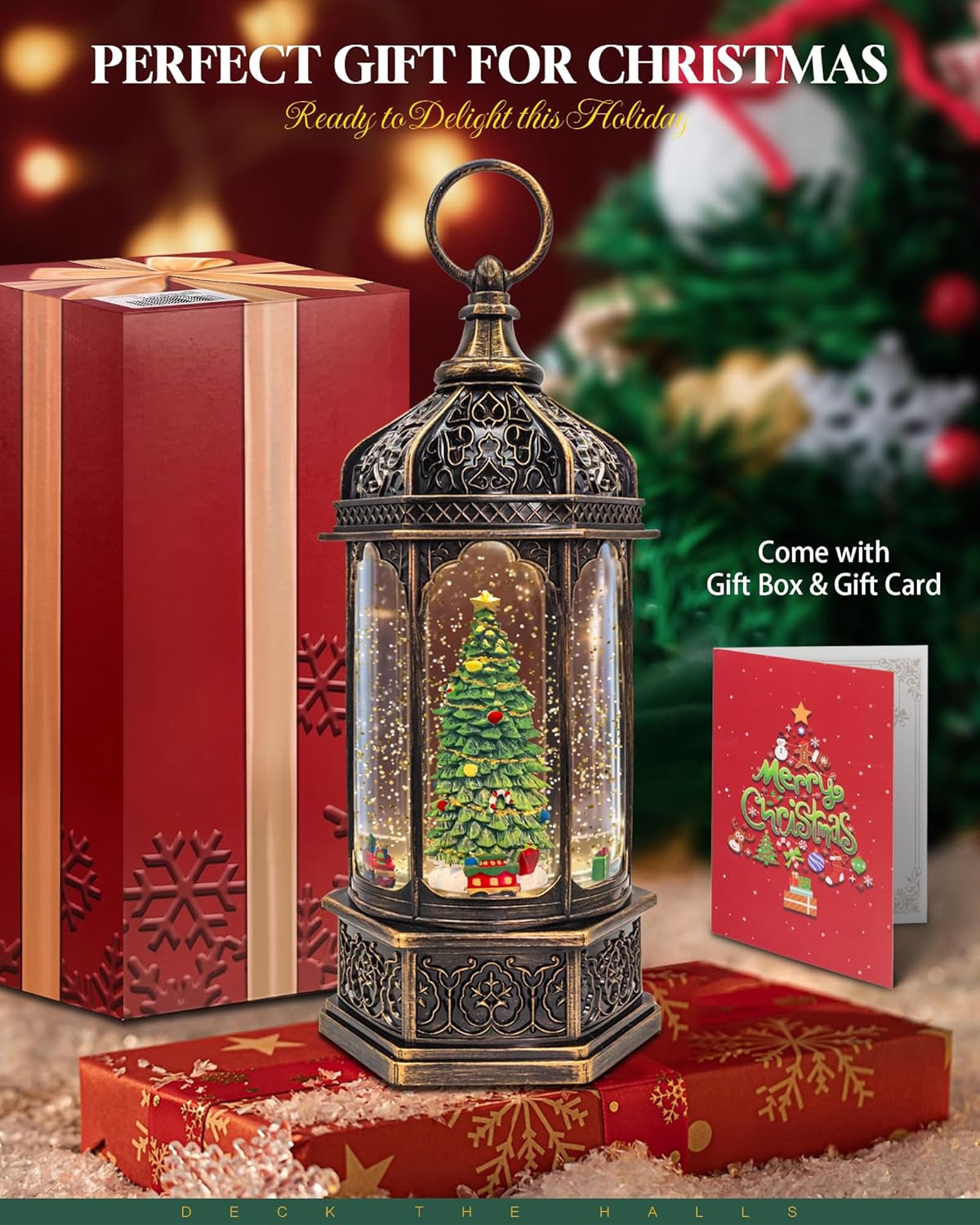 Musical Christmas Tree Snow Globe - Rotating Trains with Timer | 12.7'' Decorative Music Box