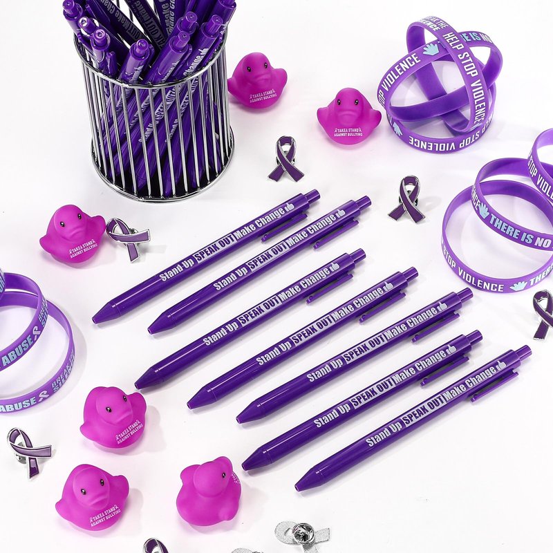 JellyArch 245 pcs Domestic Violence Awareness Accessories Gifts Bulk Purple Ribbon Pins, Bracelets, Pens, Ducks, for Cancer Awareness Month in October Against Violence Event Supplies