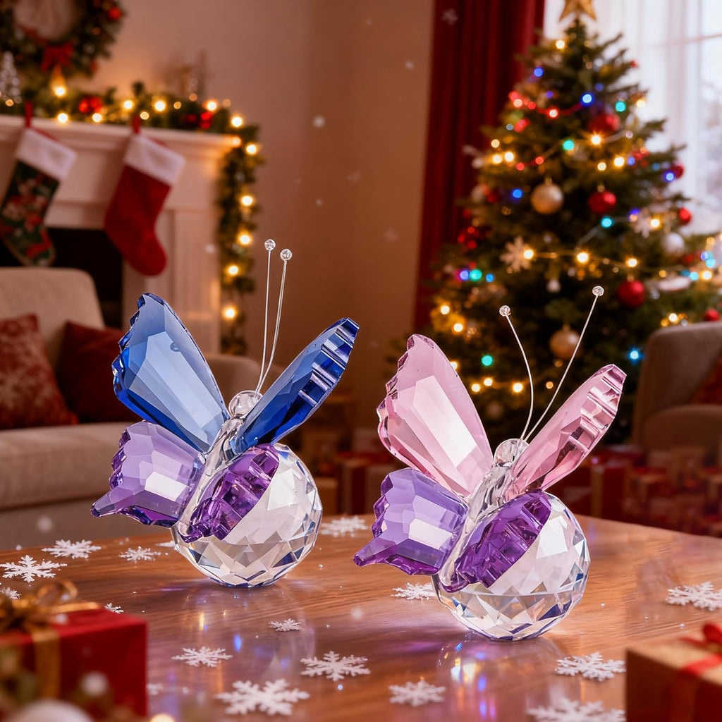 Skiennix Crystal Butterfly Figurines - Elegant Clear Ball Base | 2-Piece Set for Home Decor & Gifts