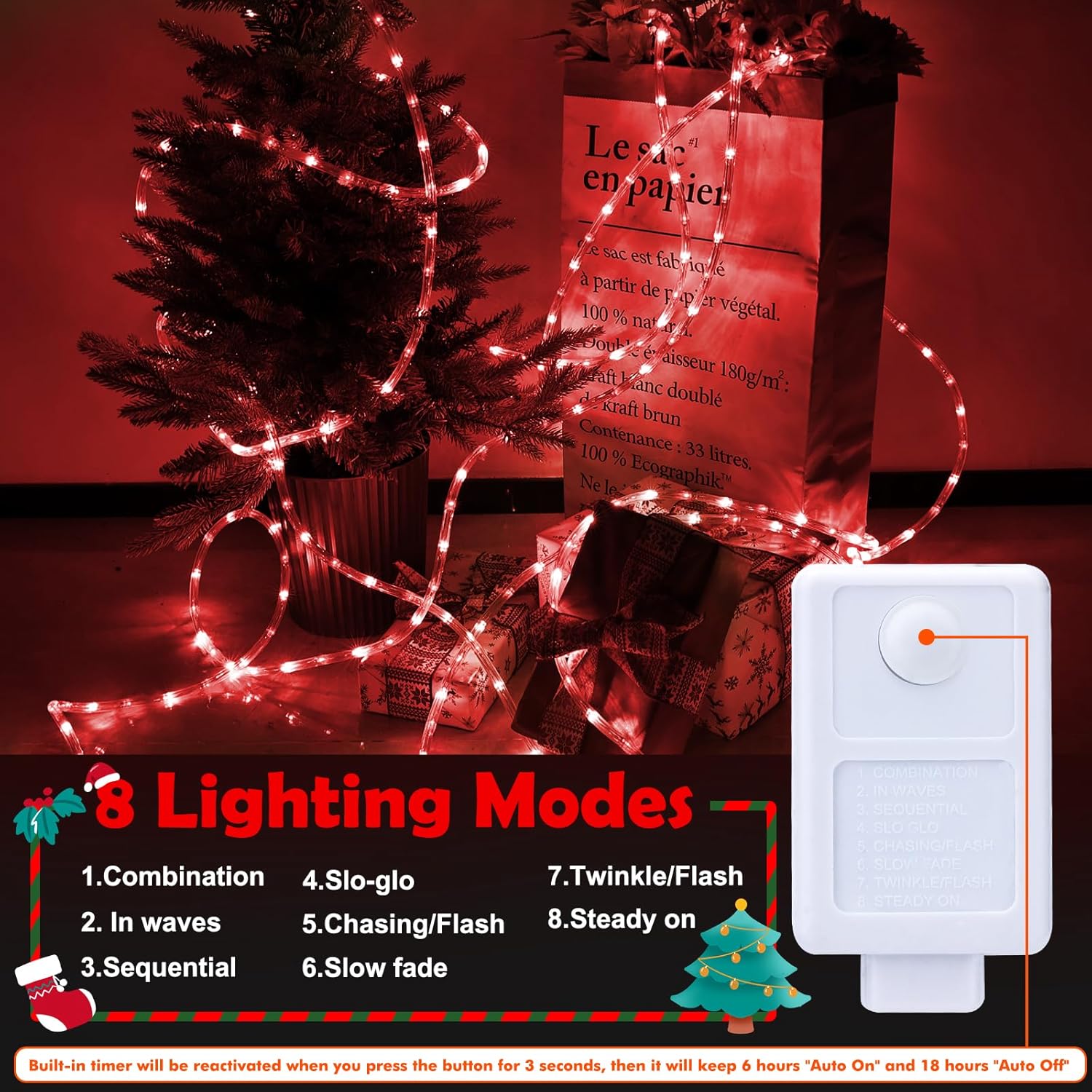 Skiennix 150ft LED Rope Lights - Waterproof, Flexible Tube Lighting with 8 Modes | Red for Indoor & Outdoor Decor