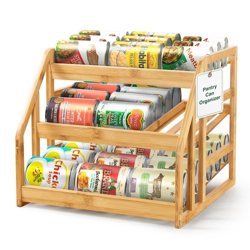 HOMESTEAD Bamboo Can Organizer for Pantry - 3 Tier Rack with Adjustable Dividers, Gravity Feed Canned Goods Organizer, 36 Cans Soda Storage