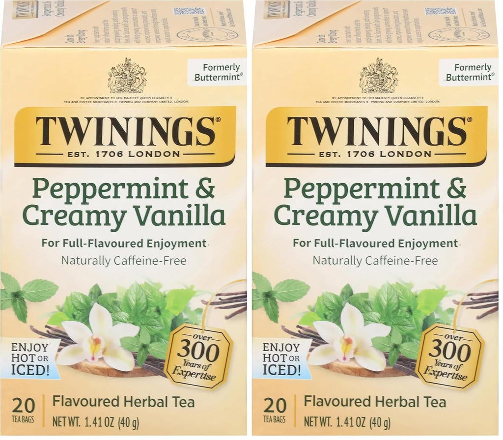 Twinings Herbal Tea - Peppermint & Creamy Vanilla, Caffeine-Free, 20 Individually Wrapped Bags (Pack of 2)