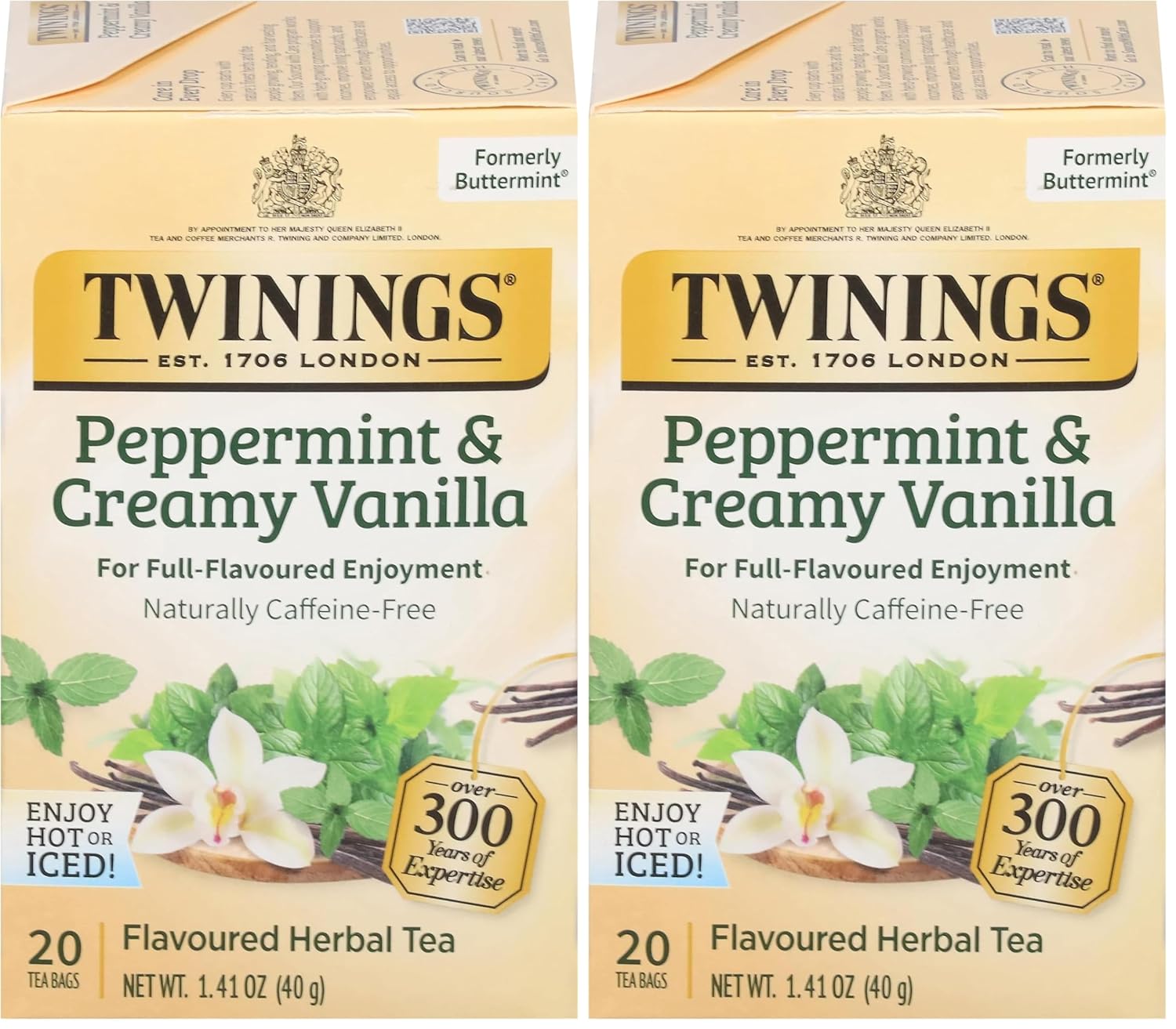 Twinings Herbal Tea - Peppermint & Creamy Vanilla, Caffeine-Free, 20 Individually Wrapped Bags (Pack of 2)
