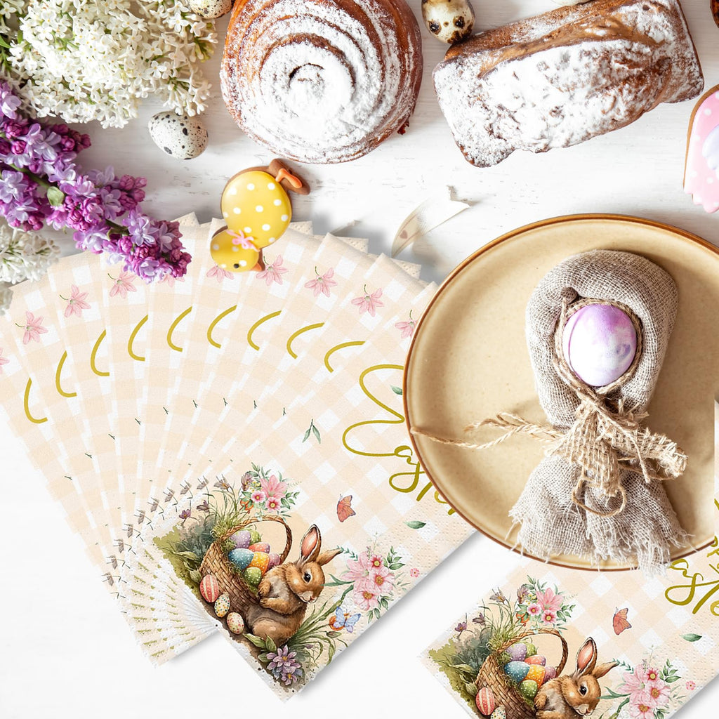 100 Pcs Happy Easter Napkins - Spring Bunny Flower Easter Eggs Disposable Decorative Paper Napkins for Bathroom Party Supplies Table Decor