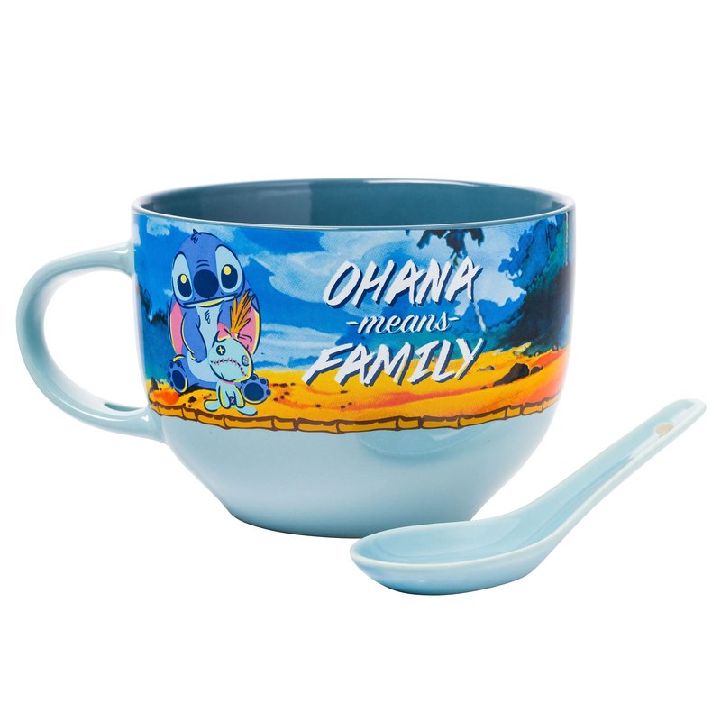 Silver Buffalo Lilo and Stitch Featuring Scrump Ohana Means Family Ceramic Soup Mug Spoon Set, 24 Ounces