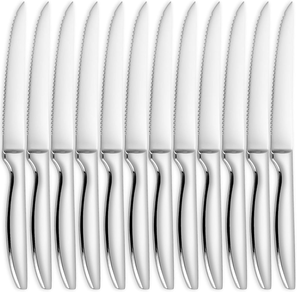 SuperCook Steak Knives Set - 12 Premium Stainless Steel Serrated Knives | Dishwasher Safe, Silver Finish