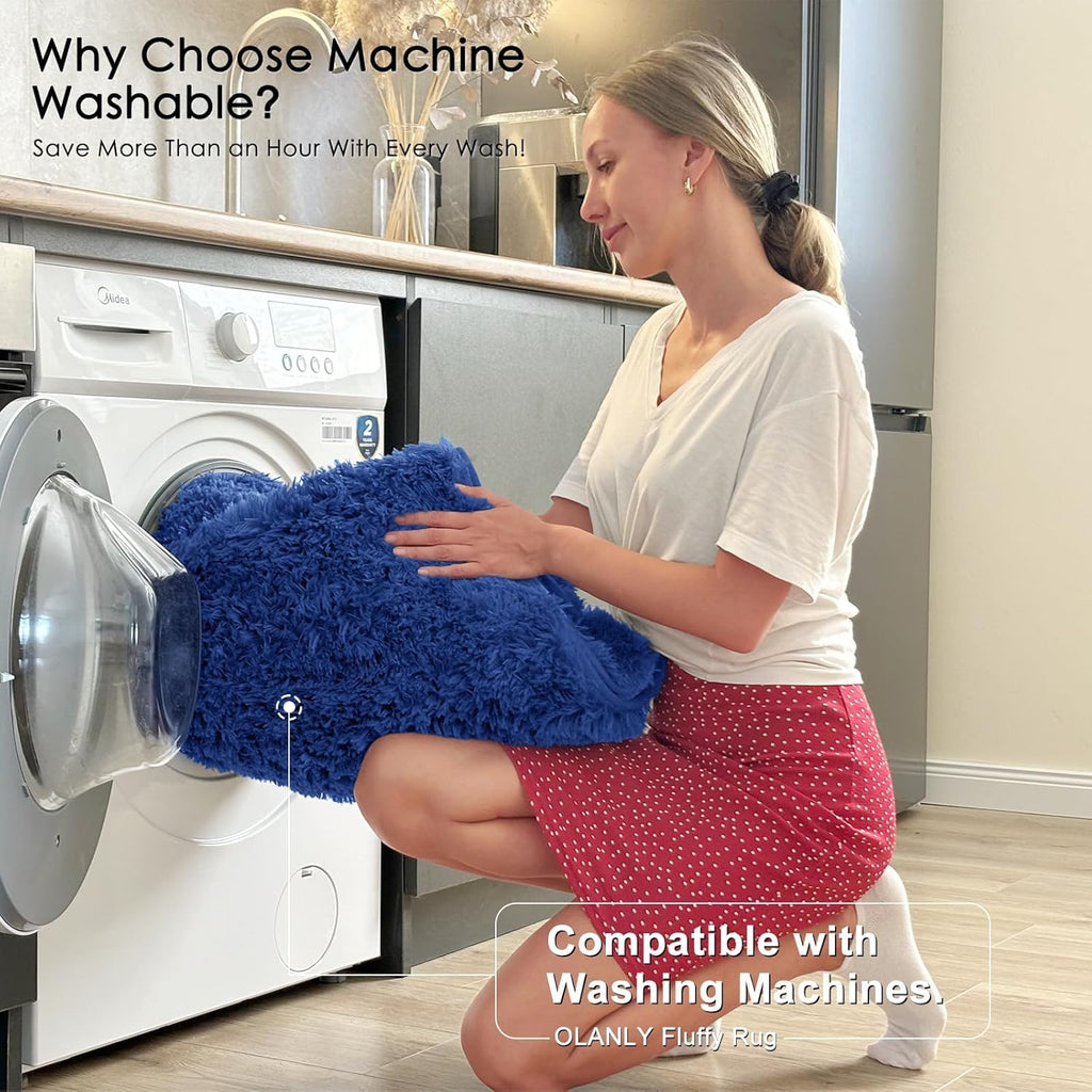 OLANLY Large Area Rug - Soft Fluffy Shaggy Carpet for Living Room & Bedroom | Machine Washable, Navy Blue