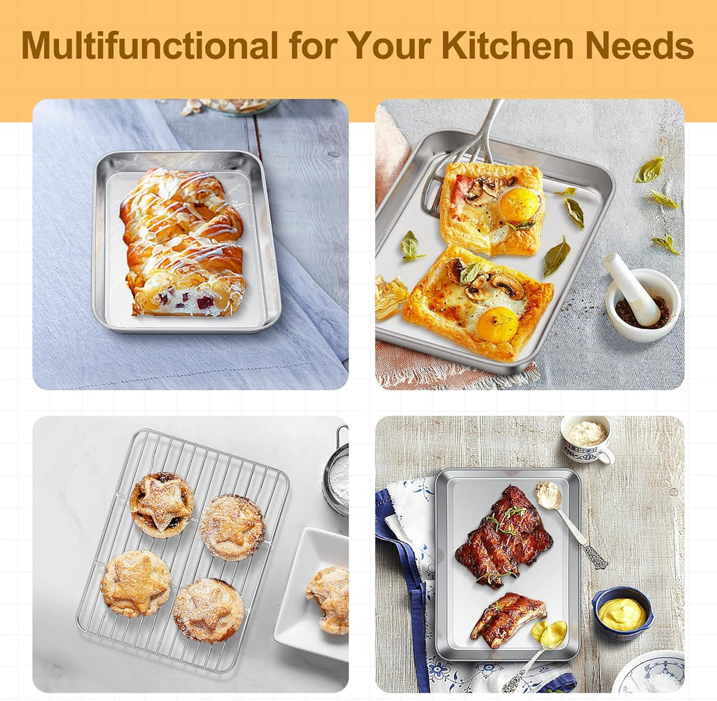 TeamFar Stainless Steel Toaster Oven Tray and Rack Set - 9.3" x 7" x 1" | Non-Toxic, Easy Clean & Dishwasher Safe