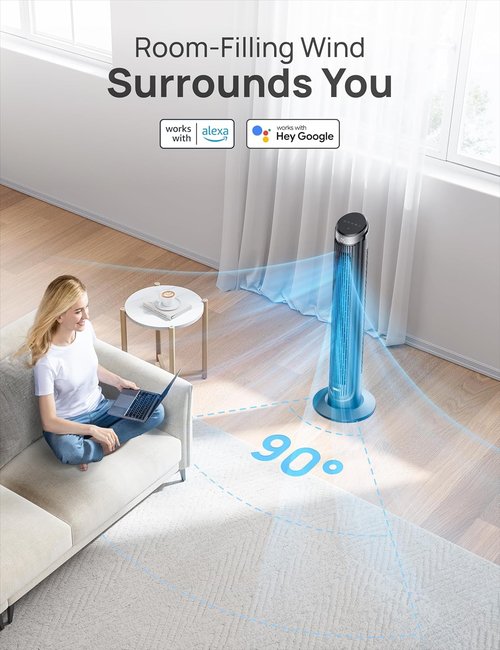 DREO Smart Tower Fan - 90° Oscillating 40" Standing Fan with 5 Speeds & Quiet Operation | Voice Control & Timer, Silver