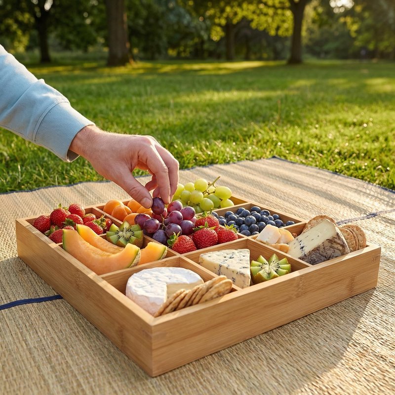 Cabilock 9-Compartments Wooden Divided Tray, Square Bamboo Serving Party Platter for Dry Fruits Snacks Candy and Dips, Space-Saving Shallow Drawer Organizer -13.2 x1.57 inch