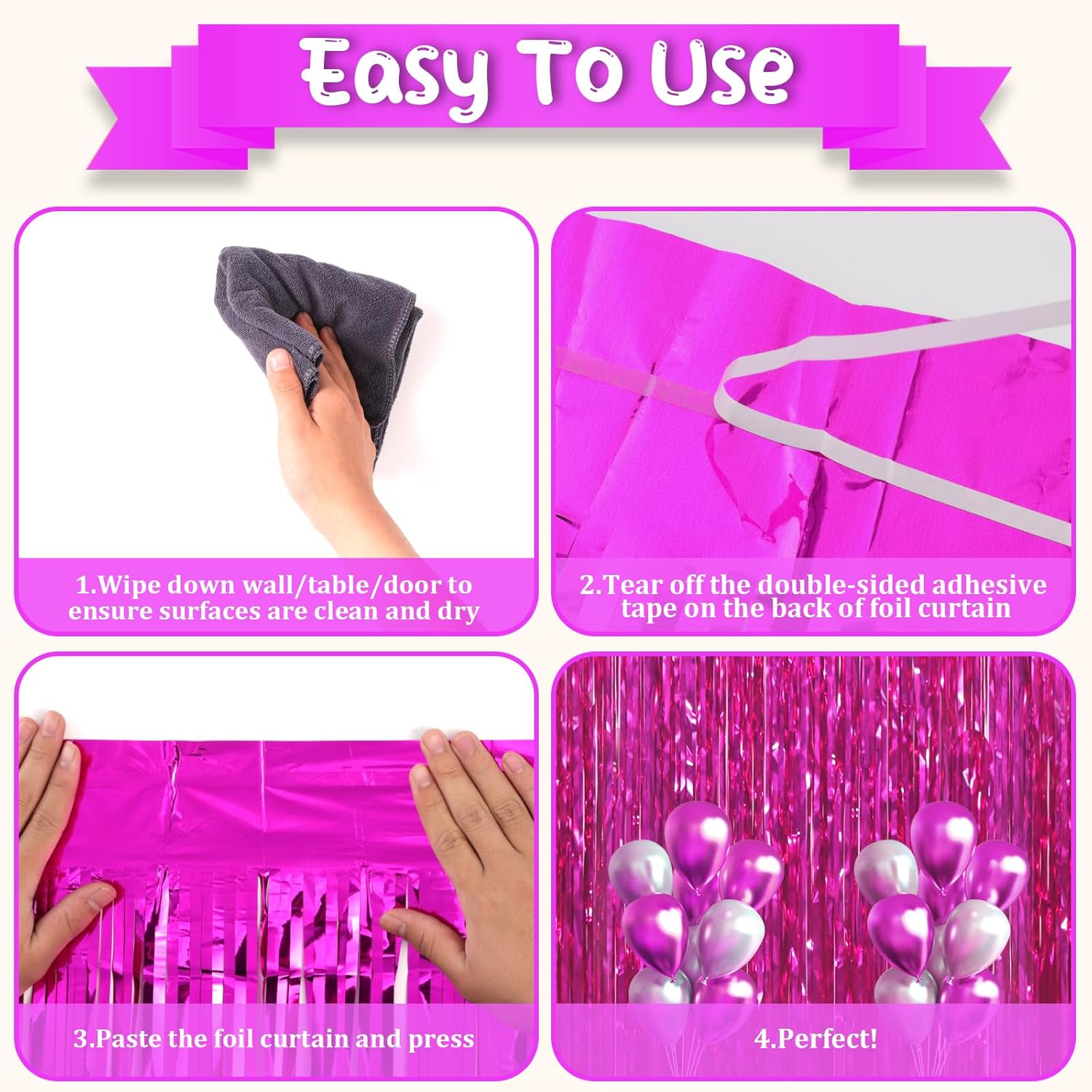 Voircoloria 4 Pack Pink Foil Fringe Backdrop Curtains - Tinsel Streamers for Birthday, Graduation & Baby Showers