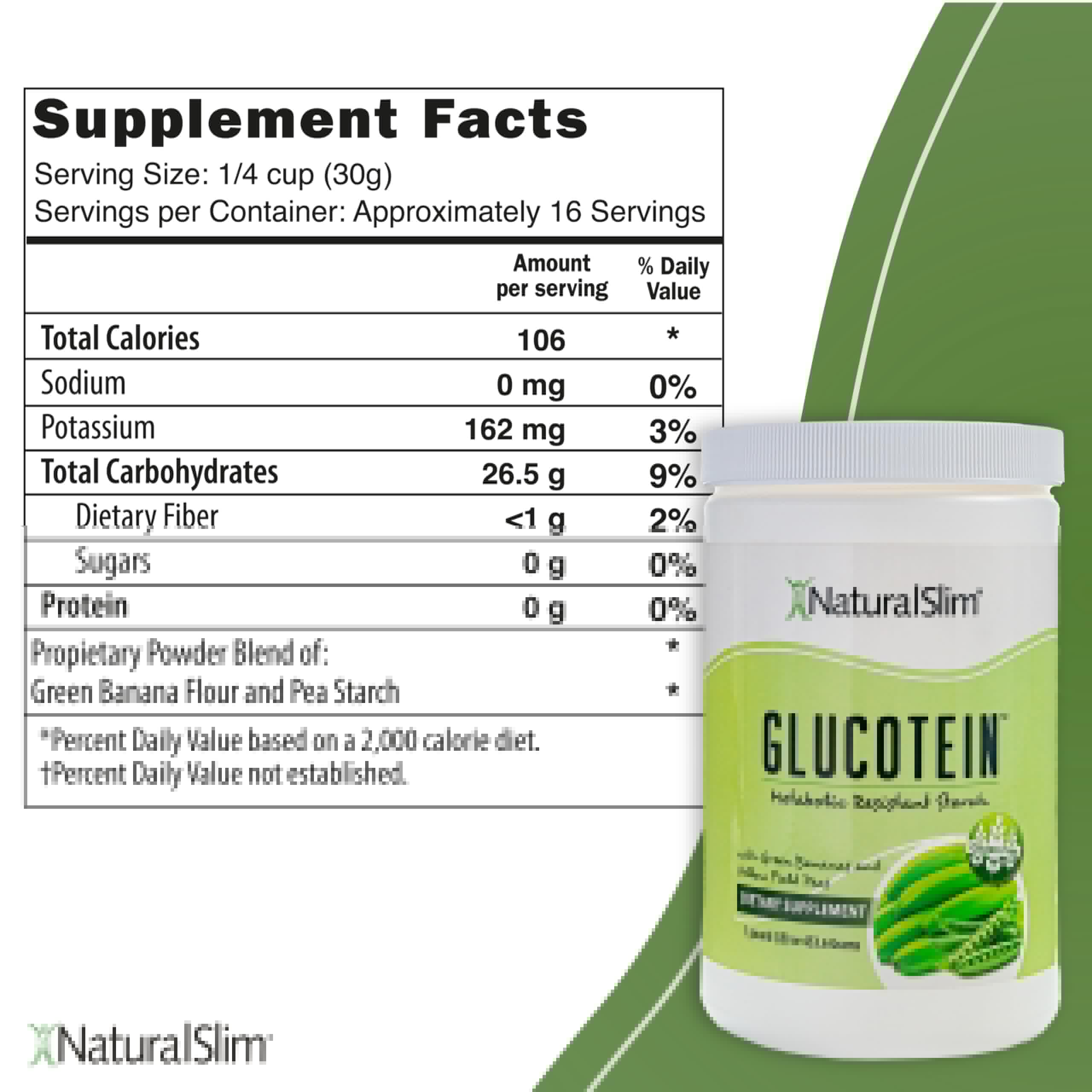 NaturalSlim Prebiotic Resistant Starch Supplement with Green Banana Flour Organic & Pea Starch Blend Glucotein Powder - Non-GMO & Gluten Free - 16 Servings