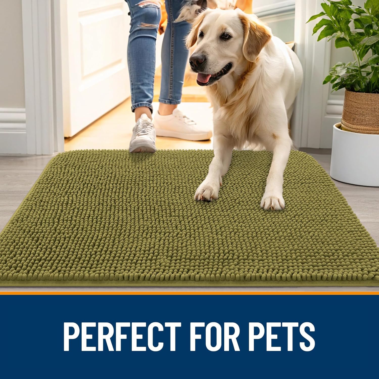 OLANLY Dog Door Mat - Absorbent Non-Slip Washable Doormat for Muddy Paws | 48x30, Willow Green