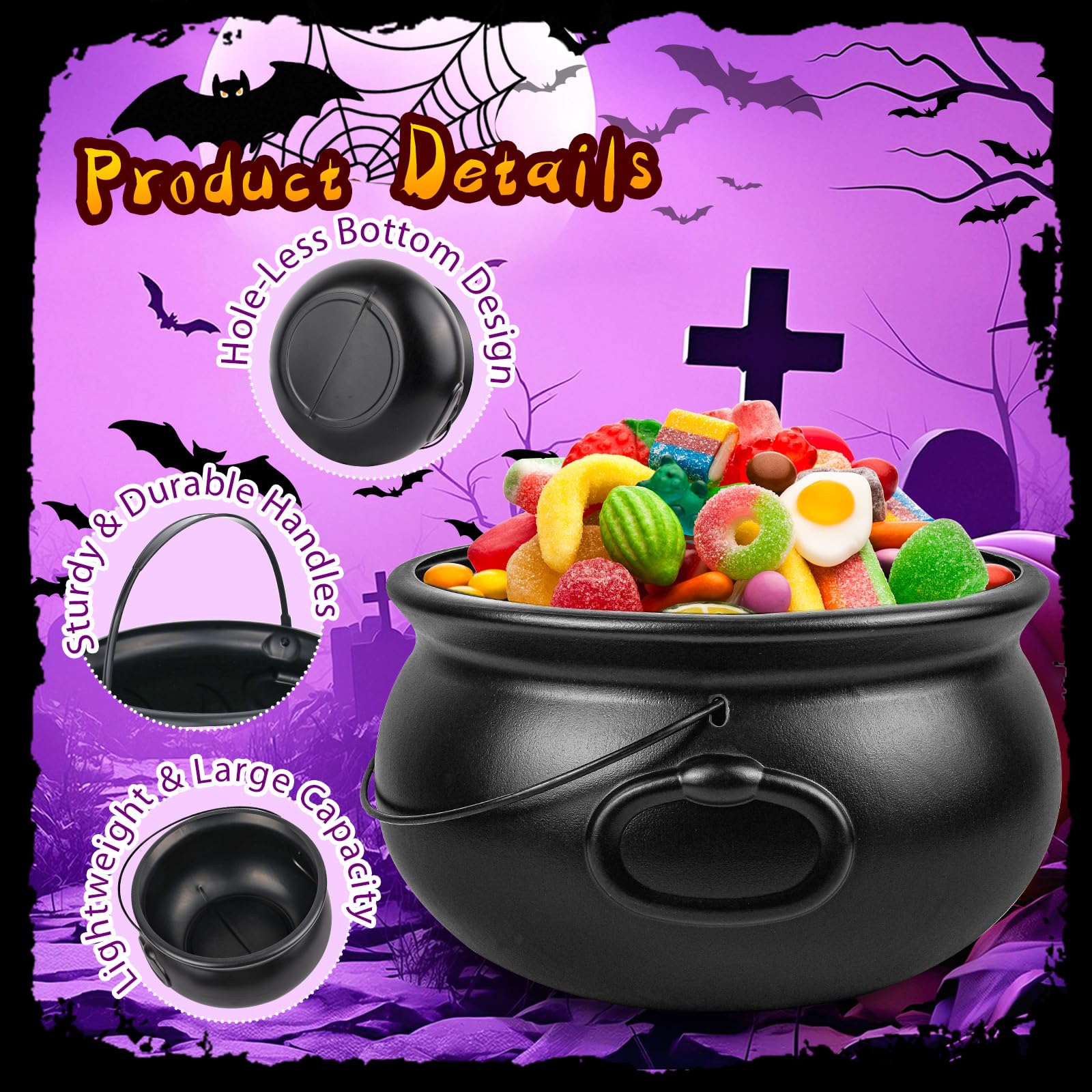 REVICOAR 5 Pcs (12.8",9.8”, 7.6”, 5.7”, 2.7”) Large Halloween Cauldron, Black Plastic Witch Cauldron Bowl, Cauldrons Pot Candy Bucket for Halloween & St. Patrick’s Day Party Favors Decor