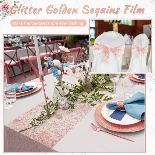 Chumia 12 Pieces Rose Gold Table Runner 12 x 85 Inch Sequin Glitter Table Runner Roll Metallic Thin Mesh Fabric Decor for Party Wedding Shower Birthday Baby Shower Party Supplies