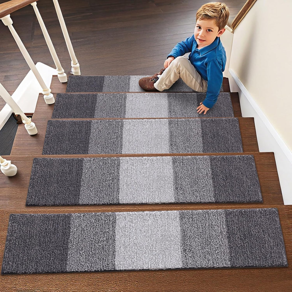 OLANLY Non-Slip Stair Treads - 15PCS Indoor Stair Runners for Wooden Steps | 8" x 30" Grey Edging Rugs