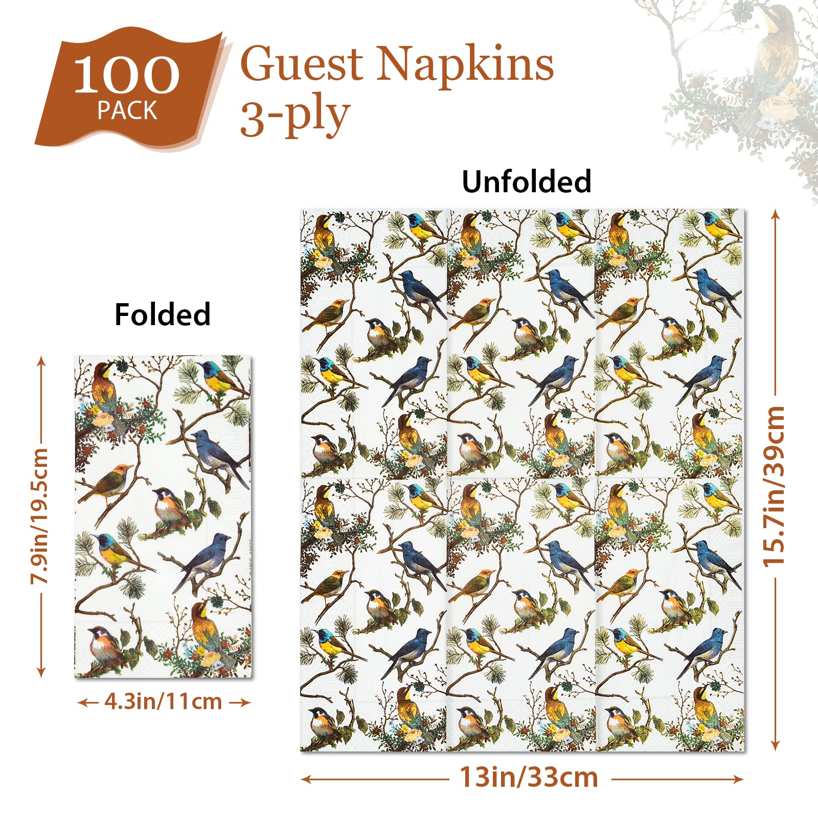 100PCS Guest Towels Disposable 3 Ply Paper Hand Napkins for Bathroom Spring Bird Napkins Everyday Decorative for Dinner Wedding Tea Party Table Anniversary Bridal Powder Room