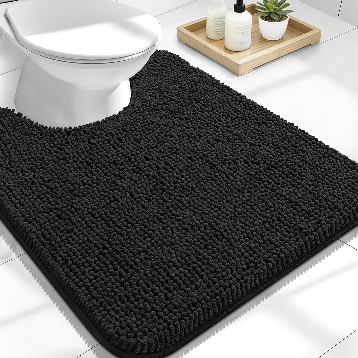 OLANLY U-Shaped Toilet Rugs - Extra Soft, Absorbent Chenille Bath Mat | 24x20, Quick-Dry, Non-Slip, Black