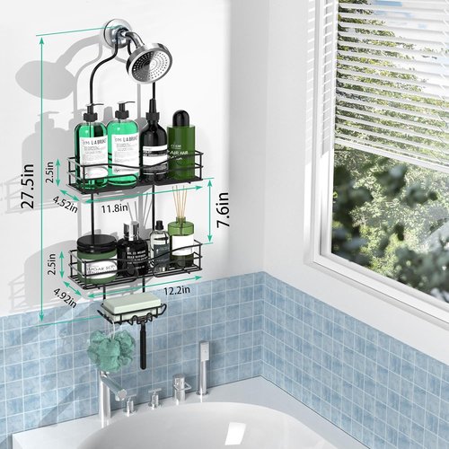 DAOYA Shower Caddy - 3-Tier Bathroom Organizer with Soap Holder & 6 Hooks | Fits 21mm Shower Head Arm, Black