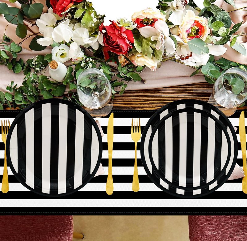 Black and White Table Runner 13x90inchs Black White Striped Table Runner for Party Table Decor Linen Runner for Kitchen Dining Decor