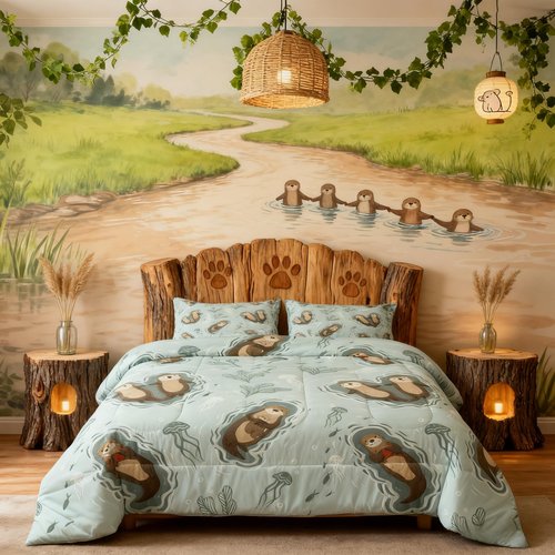 Manfei Cartoon Otters Boys Comforter Set Twin Size,Seaweed Jellyfish Sea Animals Bedding Set 2pcs for Kids Teens Home Room Decor,Ocean Lake Girly Quilt Set,Kawaii Teal Duvet Insert,1 Pillowcase