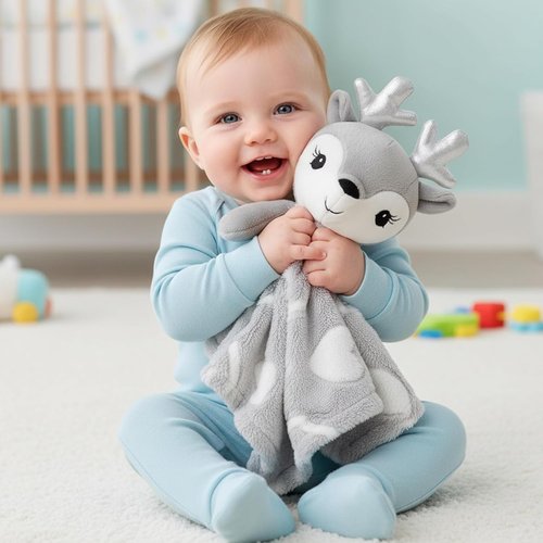 June Garden Cozy Dream Fleece Baby Security Blanket | Soft Plush Stuffed Deer Lovey - 15 x 15 Inches - Grey