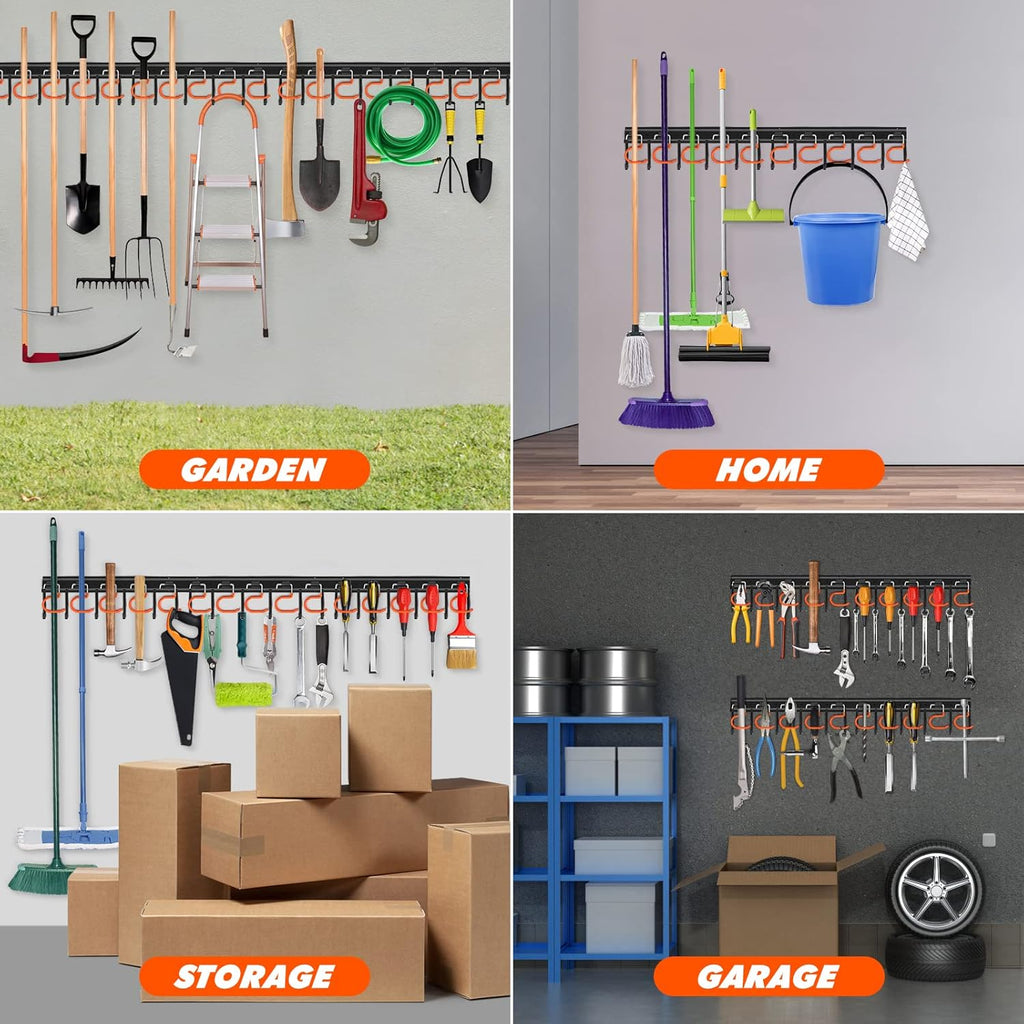 TVKB 34'' Metal Garden Tool Organizer - Wall-Mounted Storage with Hooks for Garage & Shed