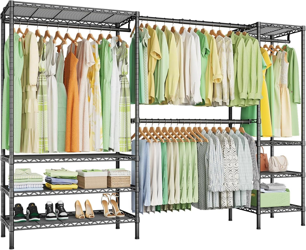 Ulif E11 Heavy-Duty Garment Rack - Metal Freestanding Clothes Organizer with 8 Shelves & 4 Hanger Rods | Black, 73.2-97.6" W x 14.5" D x 71.2" H, 1034 LBS Capacity
