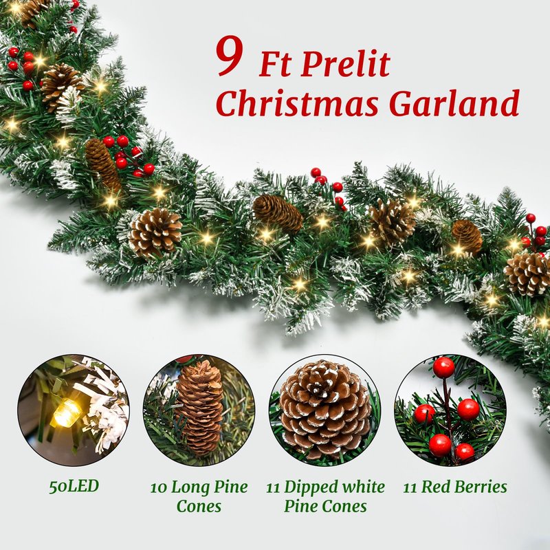 Christmas Garland with Lights,6FT Prelit Christmas Garland Battery Operated Xmas Garland with Christmas Blue Balls,Pine Cones and Pine Needles for Mantle Fireplace Staircase Porch Decor