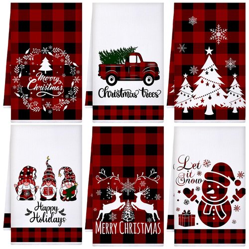 Sratte 6 Pcs Winter Kitchen Towels Snowman Gnome Truck Dish Towel Absorbent Red Black Buffalo Plaid Bathroom Hand Towels Farmhouse Winter Tea Towel for Kitchen Bathroom Decoration Housewarming Gift