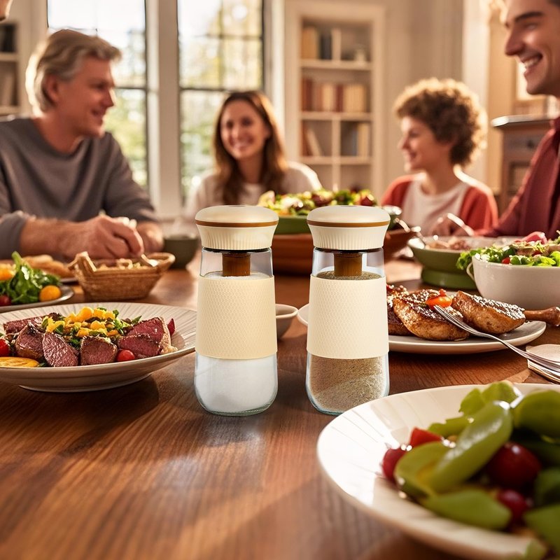 LAKUMIQI 2-in-1 Salt Shaker, Glass Salt and Pepper Shakers Set with 1g Measuring Spoon, 2PCS Salt Pepper Containers Farmhouse Cute Salt Shakers for Kitchen, Easy Filling