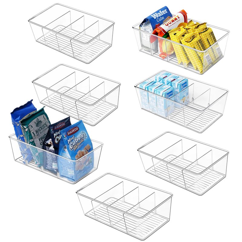 wilfox Pantry Organizer, 7 Pack Clear Bins with Removable Dividers, Pantry Organizers and Storage, Fridge and Cabinet Organizer for Snack, Pouches, Spice Packets