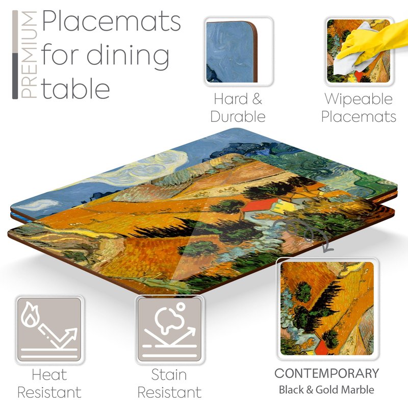 Moderry Set of 4 Heat Resistant Cork Placemats for Dining Table with Free Set of 4 Matching Drink Coasters Van Gogh Art Design 16 x 12 Inches Cork Backed Hard Placemats (Horizons of Light and Shadow)