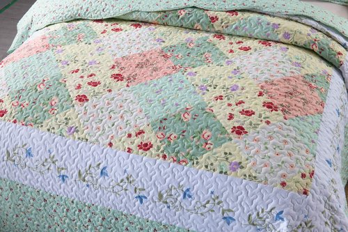 MarCielo 3-Piece Floral Printed Quilt Set Lightweight Bedspread Set Coverlet Set (Romantic Green, Queen)