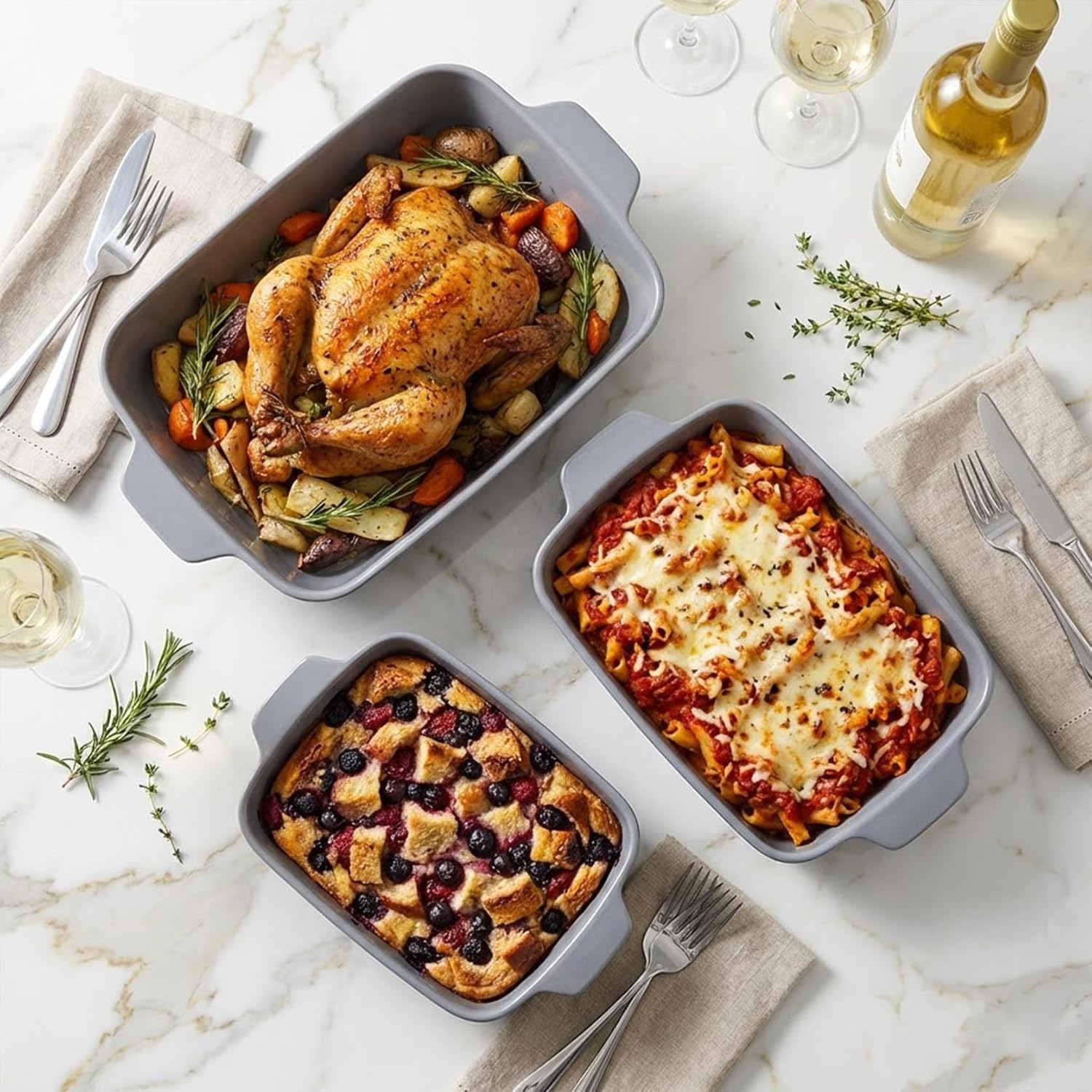 Yachi Ceramic Casserole Dishes - Set of 3 Rectangular Bakeware with Handles | Oven & Microwave Safe Gray (14.8''/12.7''/9.8'')