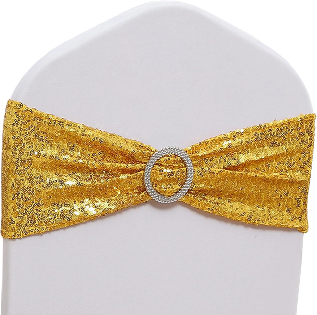 Skiennix Gold Sequin Chair Sashes - Pack of 100 Elegant Wedding & Party Decor Bands