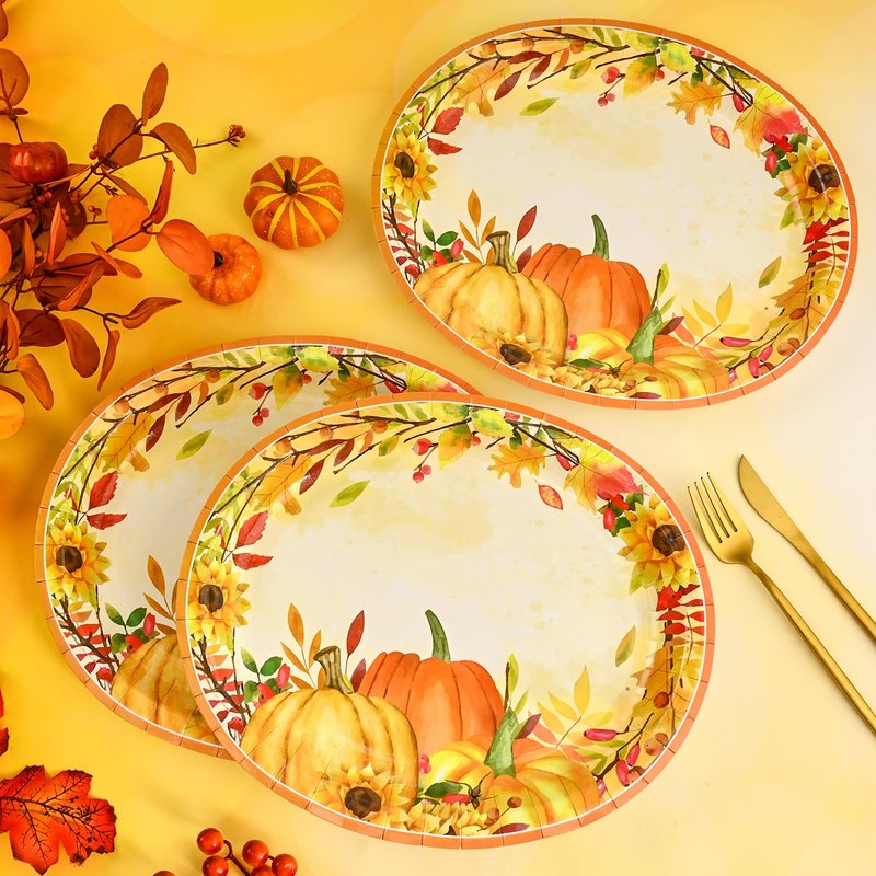 Homlouue 12x10 Oval Fall Paper Plates, 50PCS Fall Leaves Pumpkins Plate, Heavy Duty Thanksgiving Plates, Large Thanksgiving Paper Plate Disposable for Autumn Theme Party Decoration Serve 50 Guests